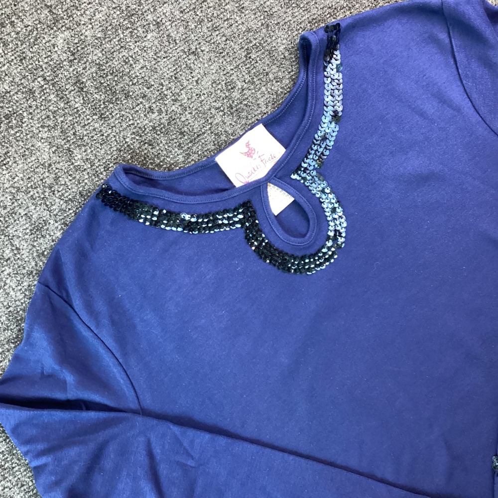 Quacker Factory Womens Large Blue Sequin Keyhole Long Sleeve Cotton Top 214